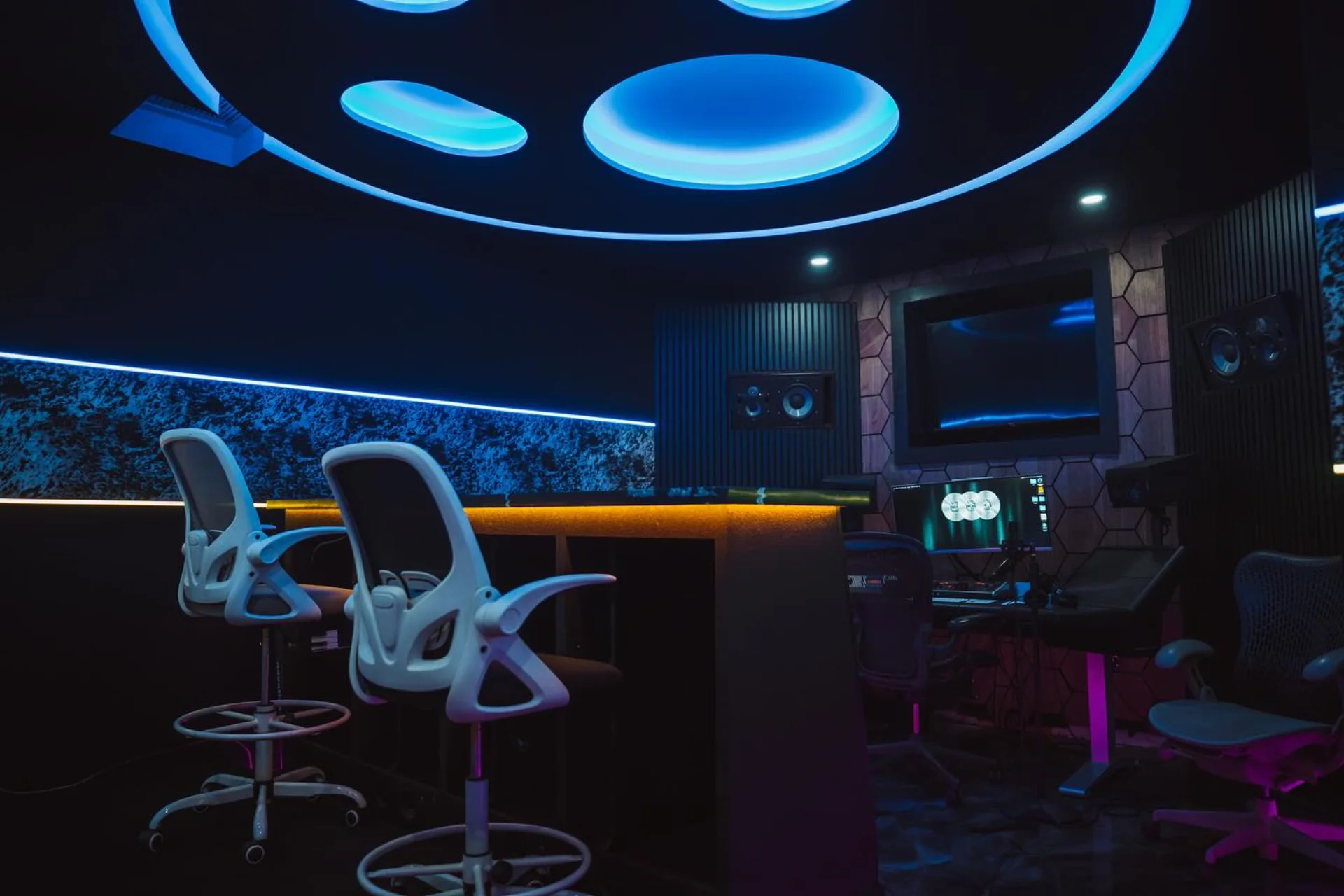 Hall of Hits Studio B with blue and violet lighting
