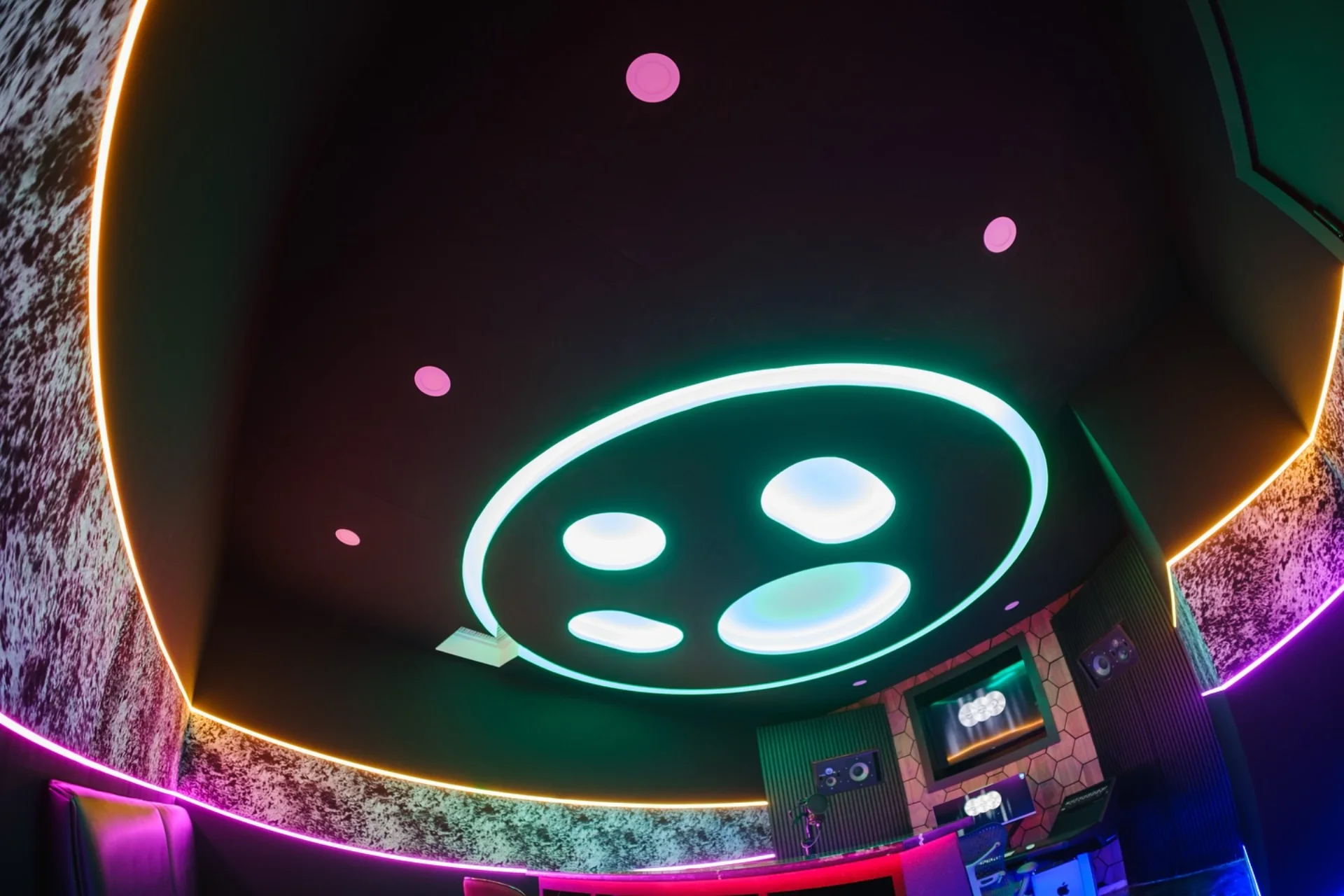Studio B illuminated ceiling treatment above the control room