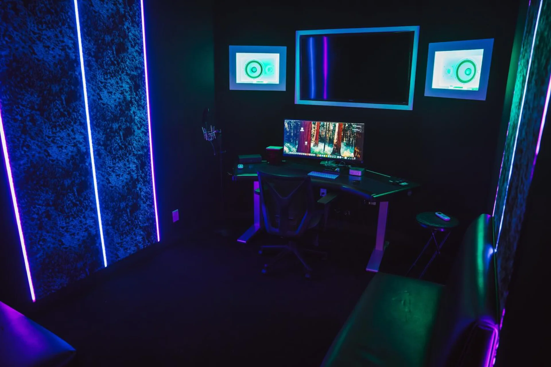 Wide view of Studio C with production desk and lounge seating